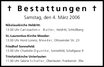 Anzeige von Bestattungen vom 04.03.2006 von MGO