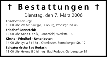 Anzeige von Bestattungen vom 07.03.2006 von MGO