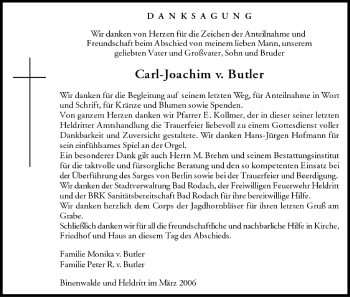 Anzeige von Carl-Joachim von Butler von MGO
