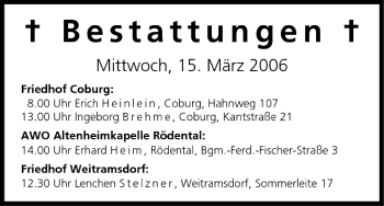 Anzeige von Bestattungen vom 15.03.2006 von MGO