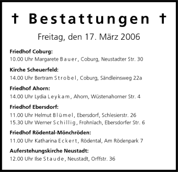 Anzeige von Bestattungen vom 17.03.2006 von MGO