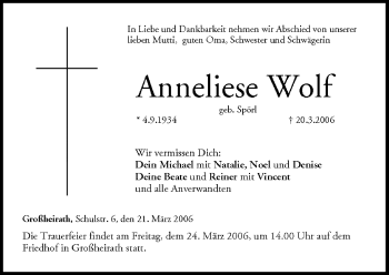 Anzeige von Anneliese Wolf von MGO