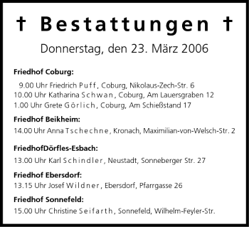 Anzeige von Bestattungen vom 23.03.2006 von MGO