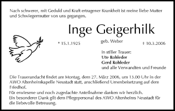 Anzeige von Inge Geigerhilk von MGO