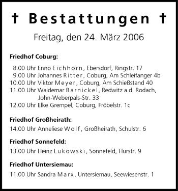 Anzeige von Bestattungen vom 24.03.2006 von MGO