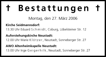 Anzeige von Bestattungen vom 27.03.2006 von MGO