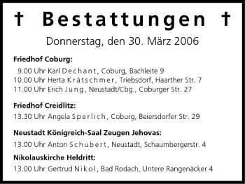 Anzeige von Bestattungen vom 30.03.2006 von MGO