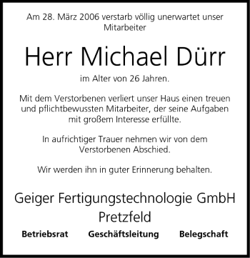 Anzeige von Michael Dürr von MGO