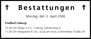 Anzeige von Bestattungen vom 03.04.2006 von MGO