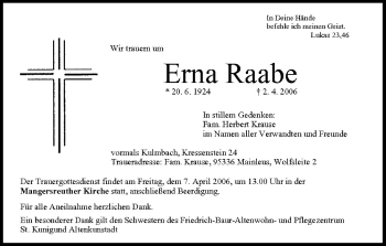 Anzeige von Erna Raabe von MGO