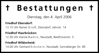 Anzeige von Bestattungen vom 04.04.2006 von MGO