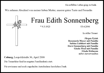 Anzeige von Edith Sonnenberg von MGO