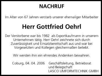 Anzeige von Gottfried Oehrl von MGO