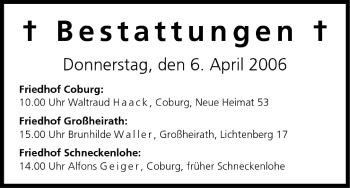 Anzeige von Bestattungen vom 06.04.2006 von MGO