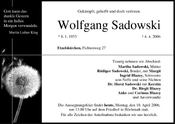 Anzeige von Wolfgang Sadowski von MGO