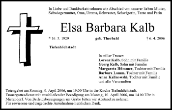 Anzeige von Elsa Barbara Kalb von MGO