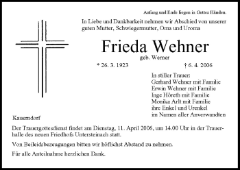 Anzeige von Frieda Wehner von MGO