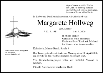 Anzeige von Margarete Hollweg von MGO