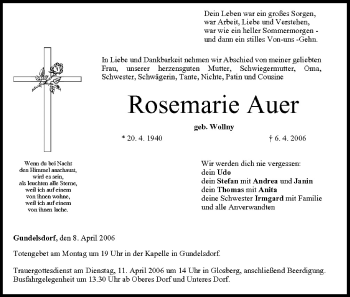 Anzeige von Rosemarie Auer von MGO
