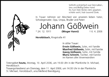 Anzeige von Johann Gößwein von MGO