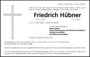 Anzeige von Friedrich Hübner von MGO