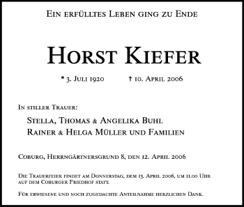 Anzeige von Horst Kiefer von MGO