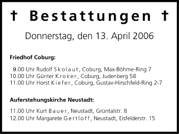 Anzeige von Bestattungen vom 13.04.2006 von MGO