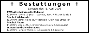 Anzeige von Bestattungen vom 15.04.2006 von MGO