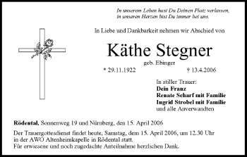 Anzeige von Käthe Stegner von MGO