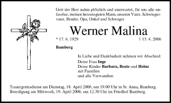 Anzeige von Werner Malina von MGO