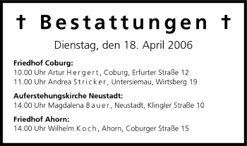 Anzeige von Bestattungen vom 18.04.2006 von MGO
