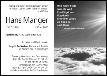 Anzeige von Hans Manger von MGO
