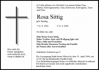 Anzeige von Rosa Sittig von MGO