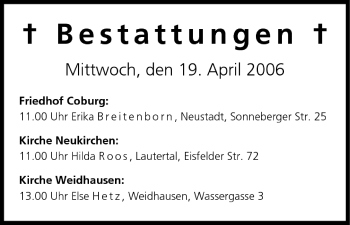 Anzeige von Bestattungen vom 19.04.2006 von MGO