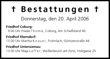 Anzeige von Bestattungen vom 20.04.2006 von MGO