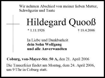 Anzeige von Hildegard Quooß von MGO