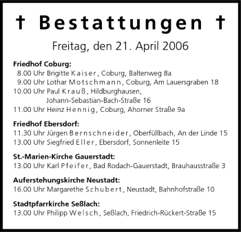 Anzeige von Bestattungen vom 21.04.2006 von MGO