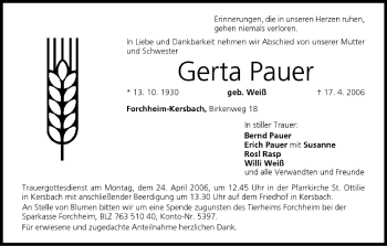 Anzeige von Gerta Pauer von MGO