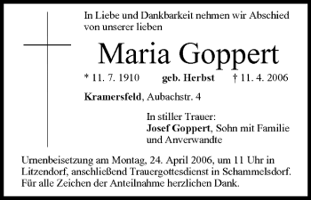 Anzeige von Maria Goppert von MGO
