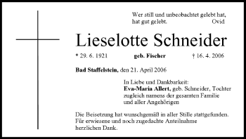 Anzeige von Lieselotte Schneider von MGO