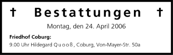 Anzeige von Bestattungen vom 24.04.2006 von MGO