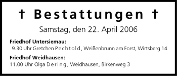 Anzeige von Bestattungen vom 22.04.2006 von MGO