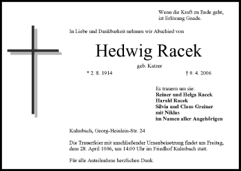 Anzeige von Hedwig Racek von MGO