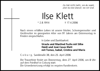 Anzeige von Ilse Klett von MGO