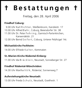 Anzeige von Bestattungen vom 28.04.2006 von MGO