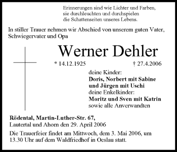 Anzeige von Werner Dehler von MGO