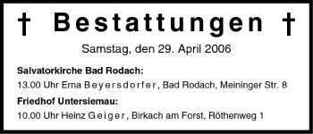 Anzeige von Bestattungen vom 29.04.2006 von MGO