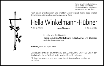 Anzeige von Hella Winkelmann-Hübner von MGO