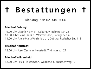 Anzeige von Bestattungen vom 02.05.2006 von MGO