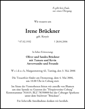 Anzeige von Irene Brückner von MGO